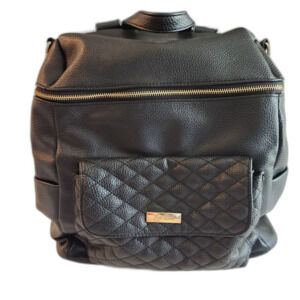 LuliBebe Black Leather diaper bag multiple storage and gold accents